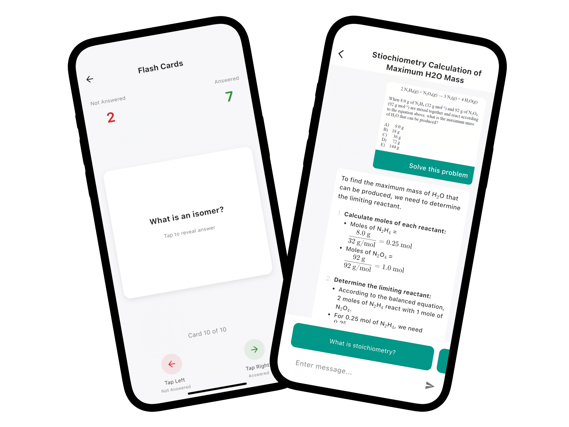 Chemistry AI: Chymia app interface showing problem scanning and step-by-step solutions